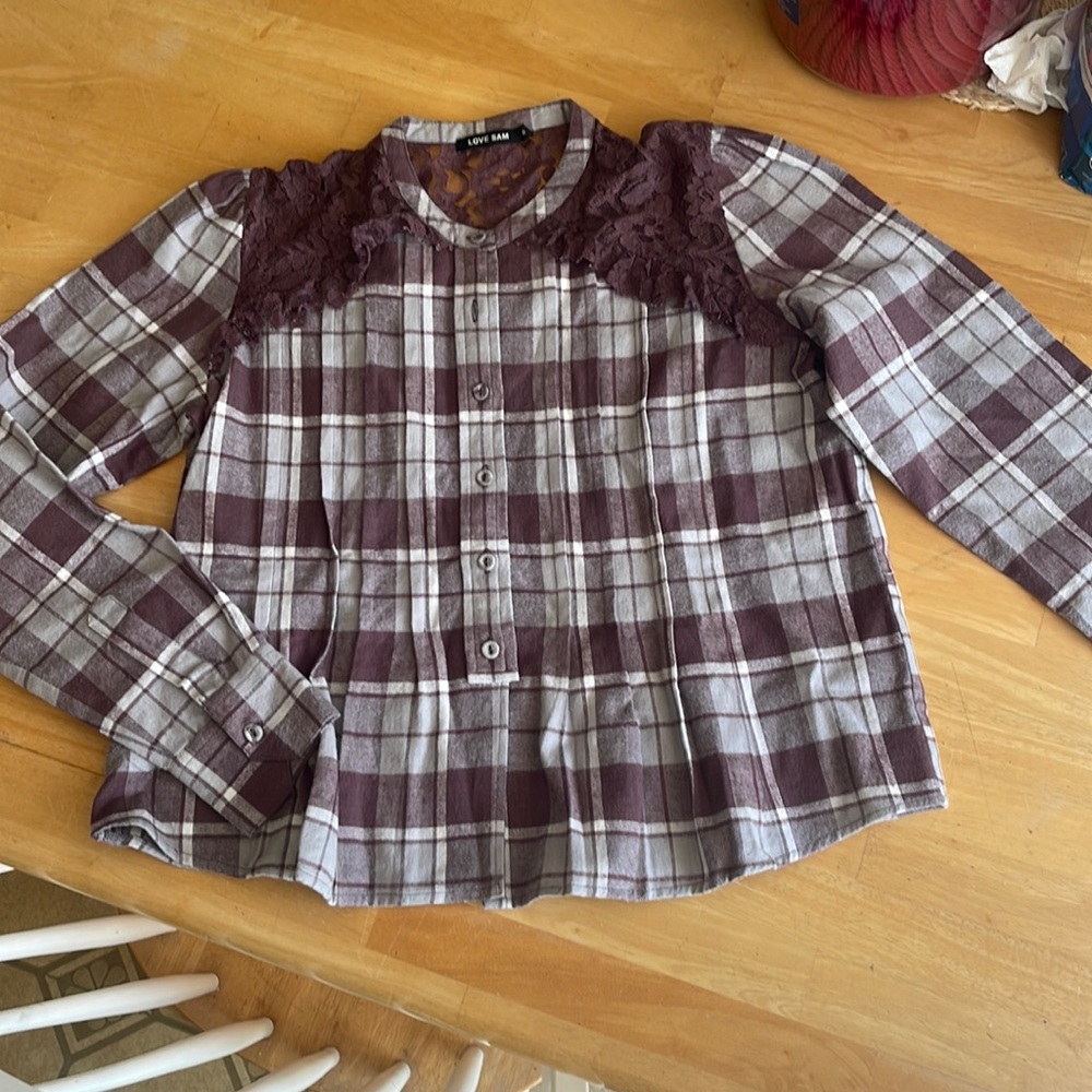 Super cute plaid top with lace shoulders. Brand new, no tags.